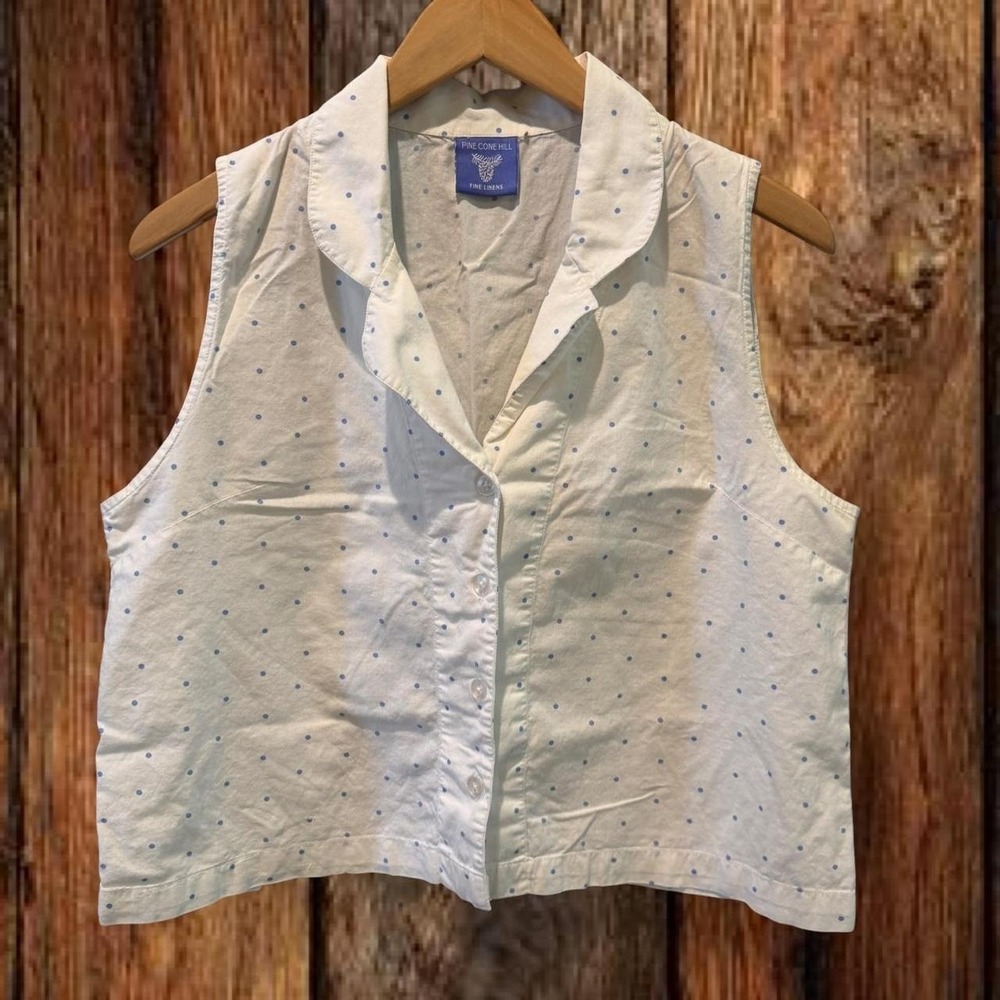 Vintage Pine Cone Hill Blue Polka Dot Cotton Sleeveless Blouse Small
